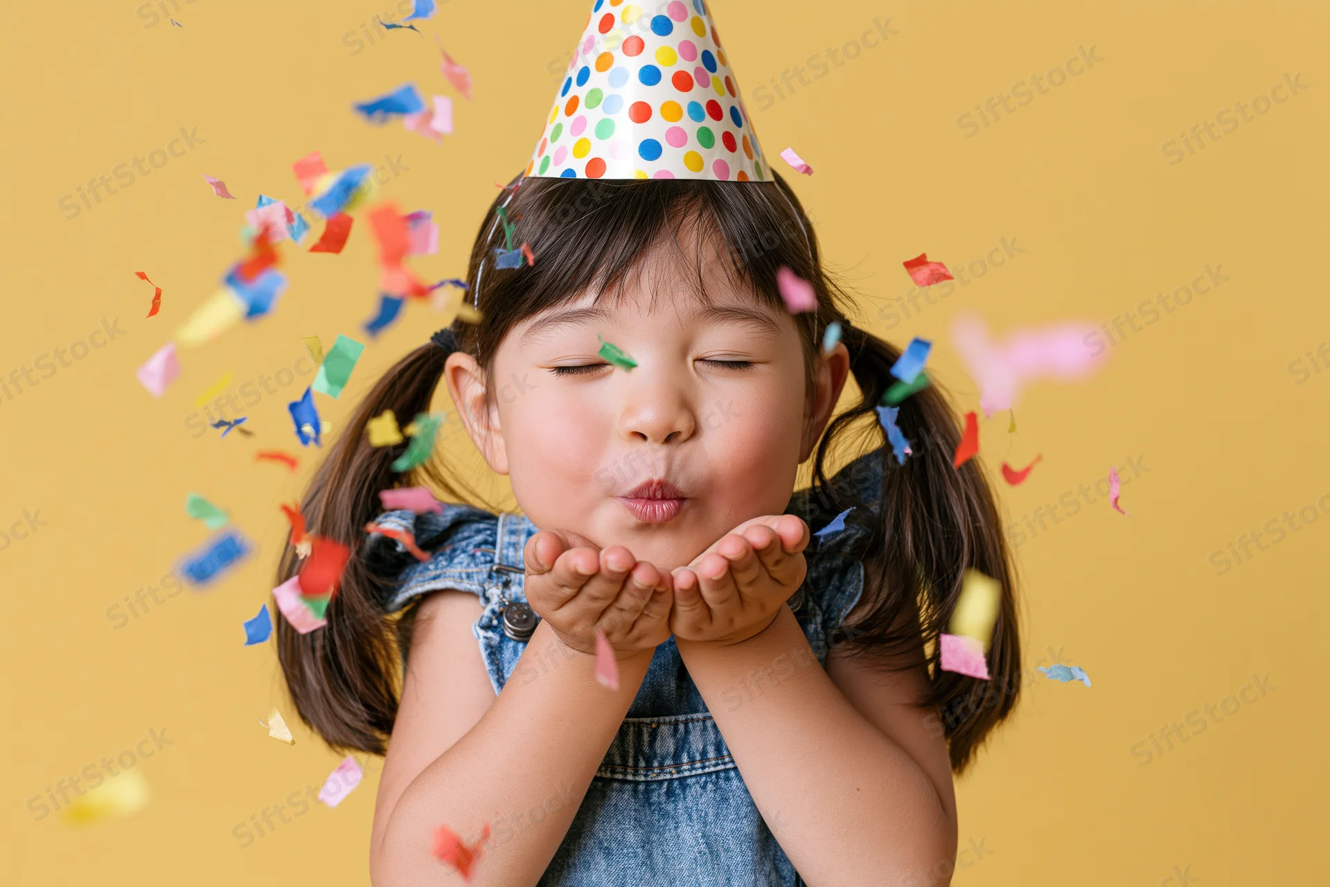 Young girl with brown pigtails blowing colorful confetti while wearing a polka dot party hat and denim overalls against a yellow background