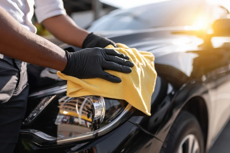 Man in gloves polishing car headlight with yellow cloth outdoors
