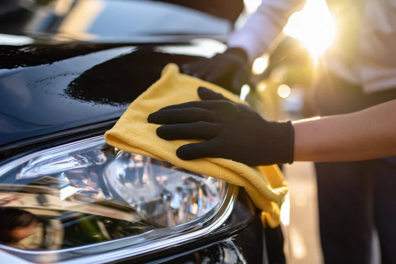 Young man cleaning car headlight with yellow microfiber towel outdoors