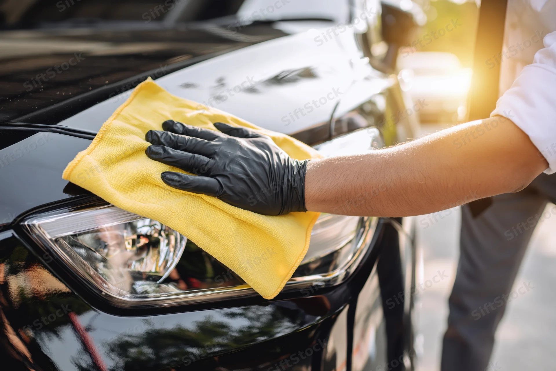 Hand in black glove wiping car hood with yellow microfiber cloth outdoors