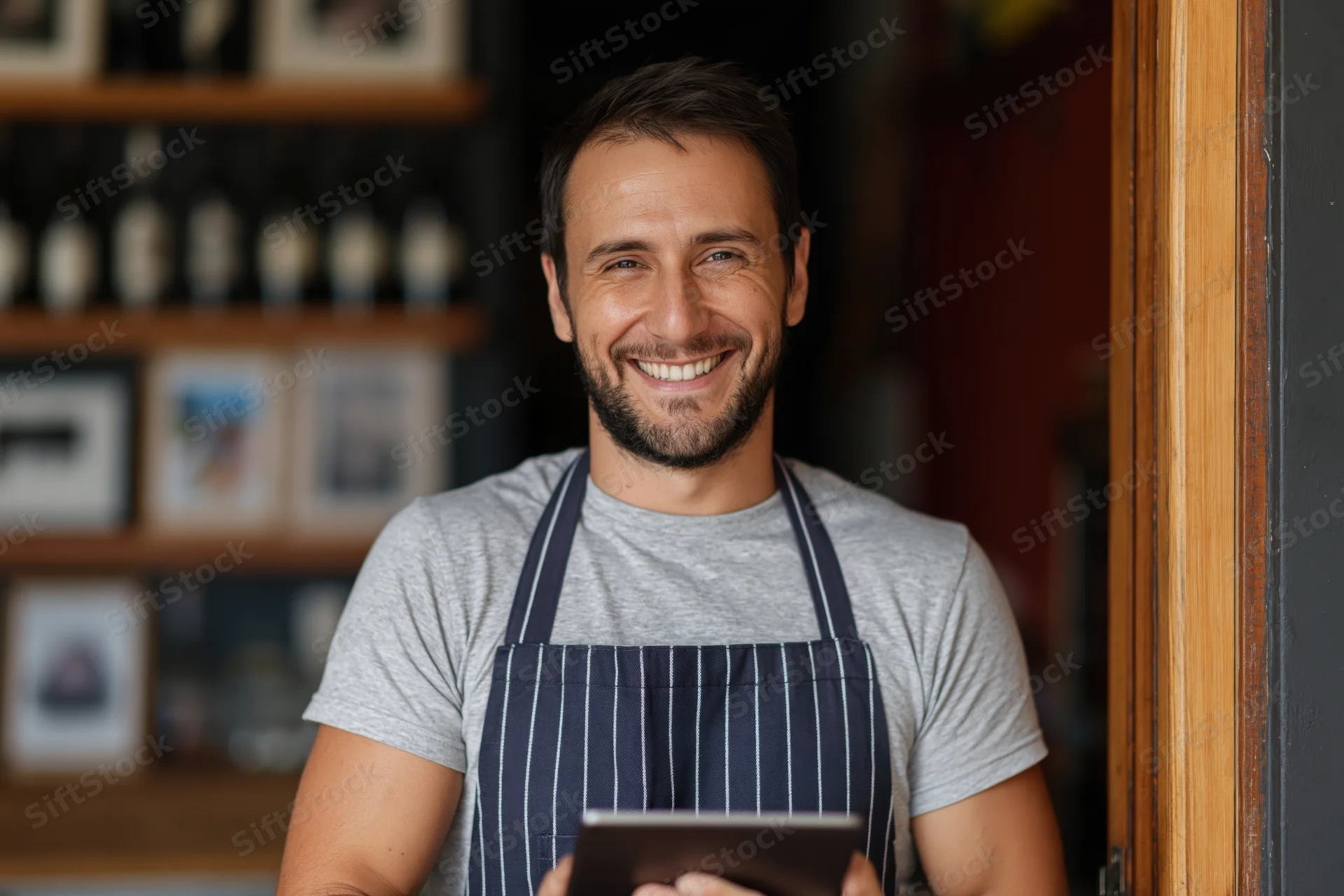 Smiling man in striped apron holding tablet at cafe entrance
