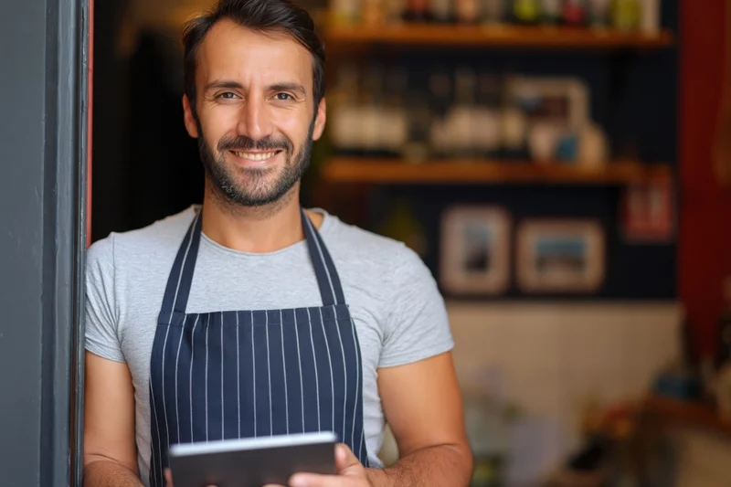 Smiling man in apron holding tablet at cafe entrance