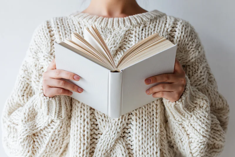 Woman holding open book in chunky cream knit sweater indoors