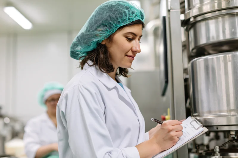Woman in lab coat writing on clipboard in food processing facility