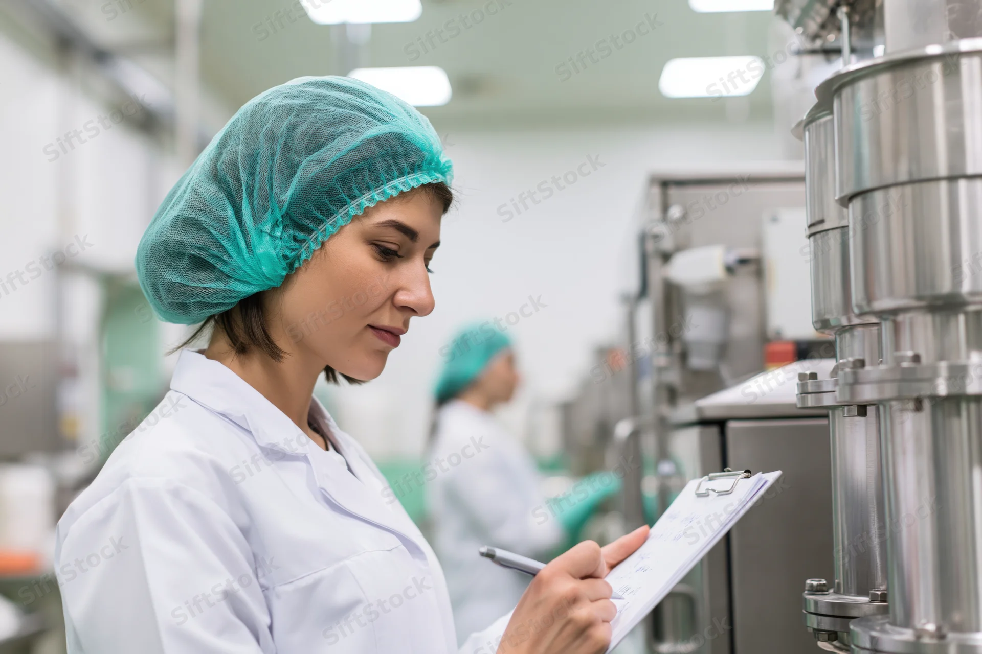 Woman in lab coat writing on clipboard in laboratory setting