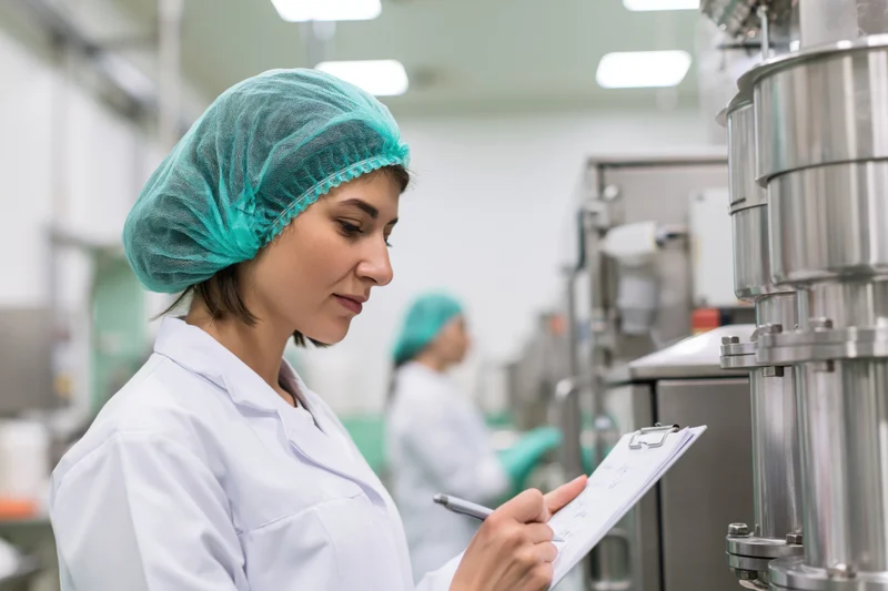 Woman in lab coat writing on clipboard in laboratory setting
