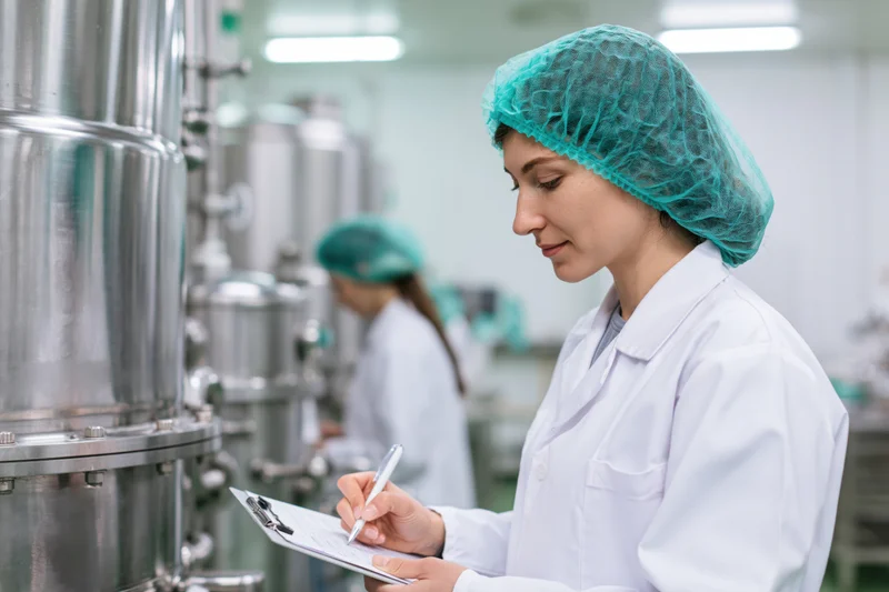Woman in lab coat writing on clipboard in cleanroom laboratory with stainless steel tanks