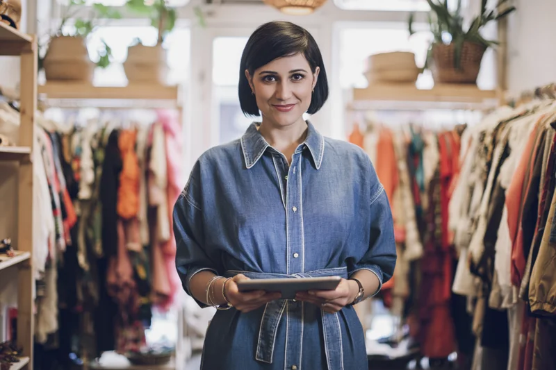 Woman holding digital tablet in boutique clothing store