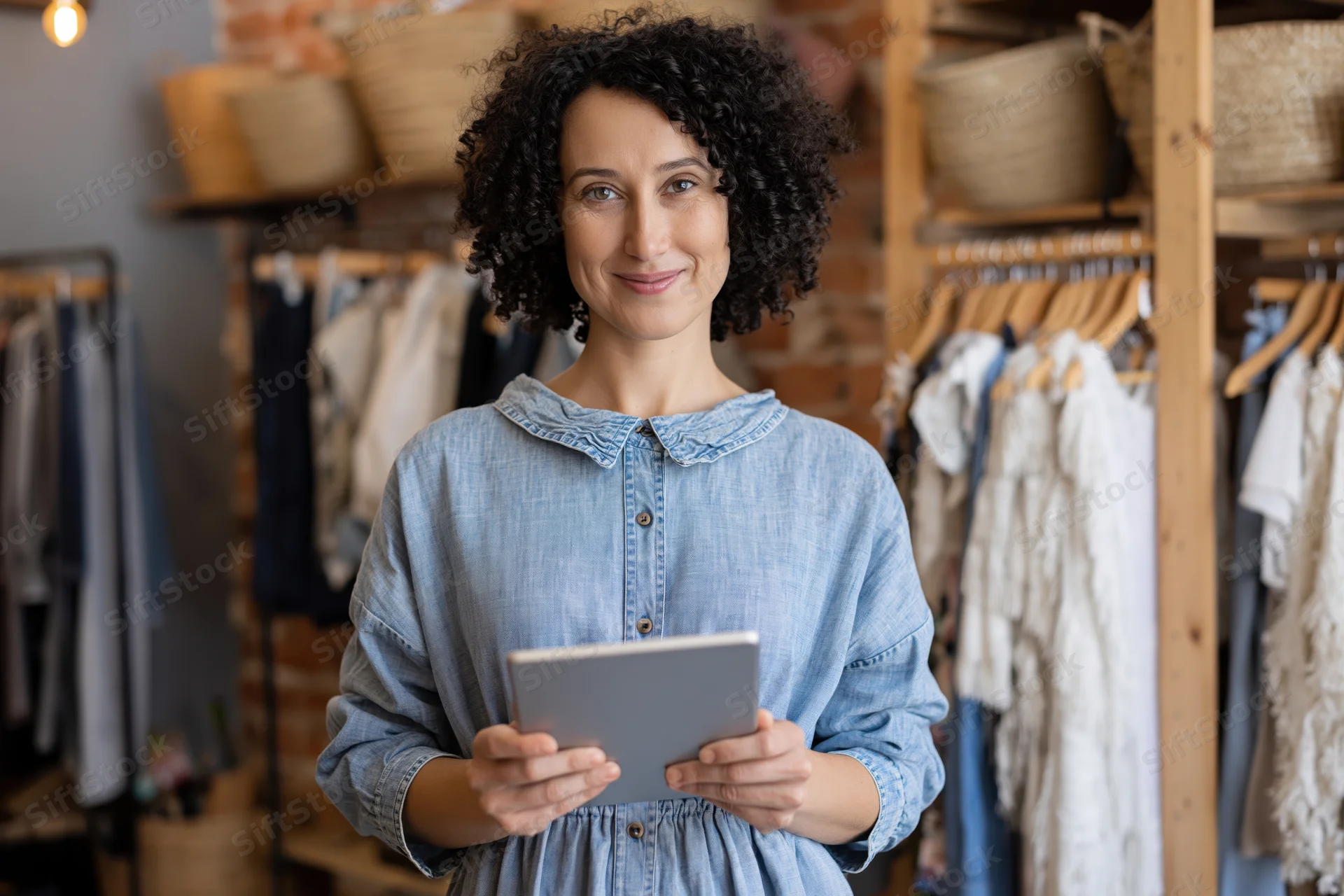Woman holding tablet in small clothing boutique smiling at camera