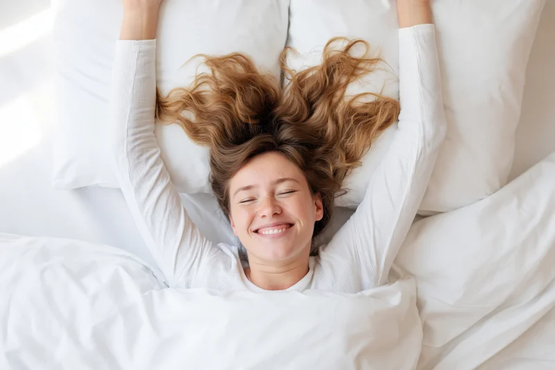 Woman lying in bed with arms raised above head, smiling, surrounded by white bedding and pillows