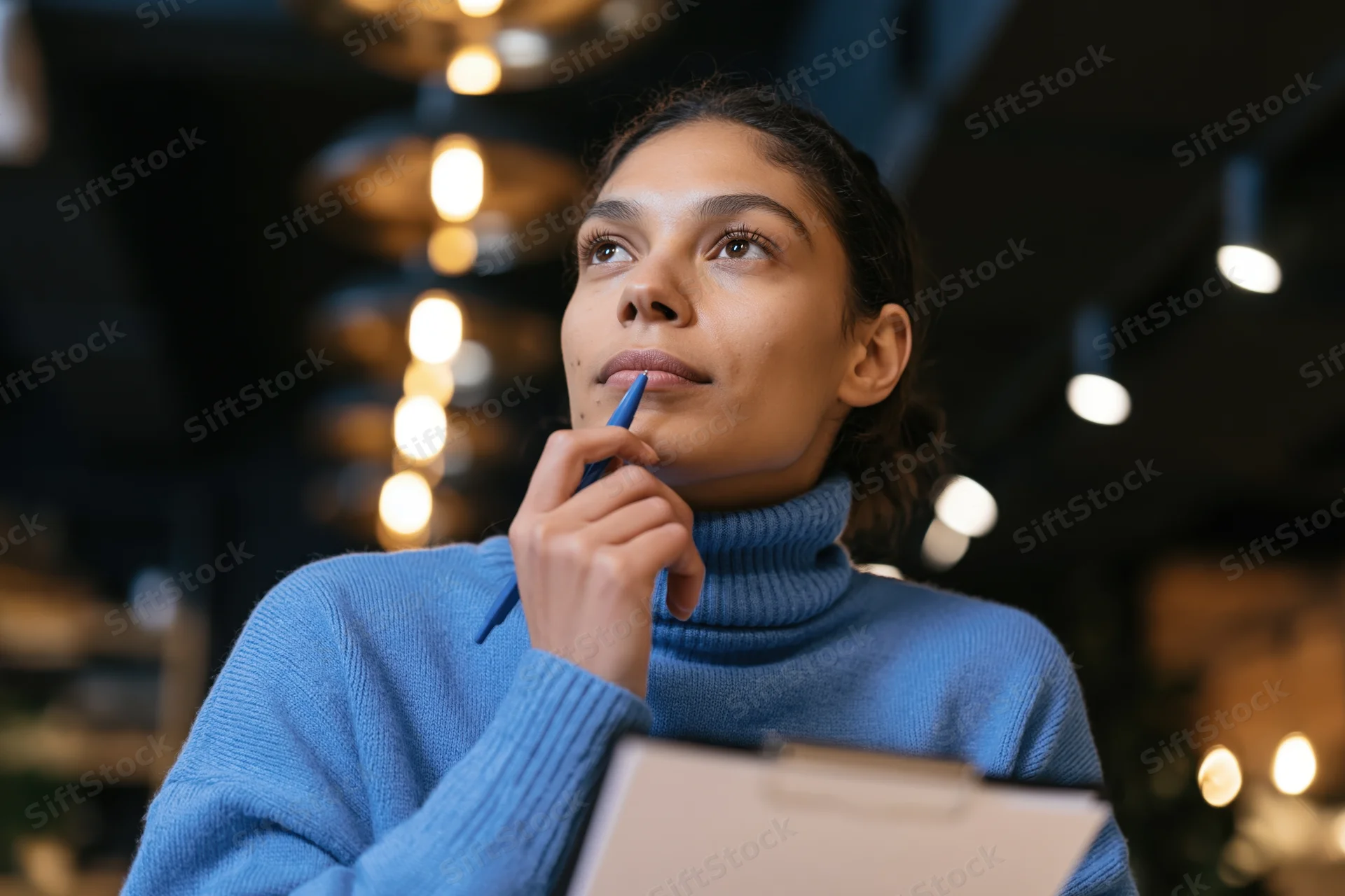 Woman thinking with pen to chin holding clipboard in modern cafe lounge