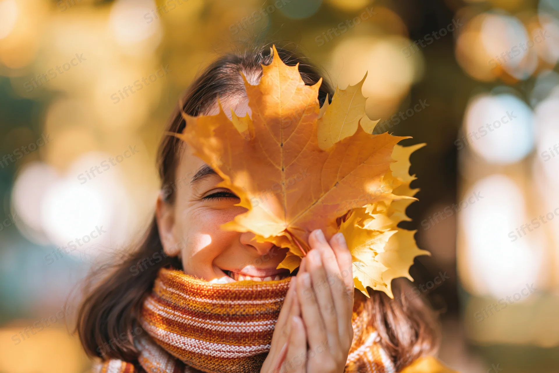 Young woman smiling with maple leaf covering her face in autumn park