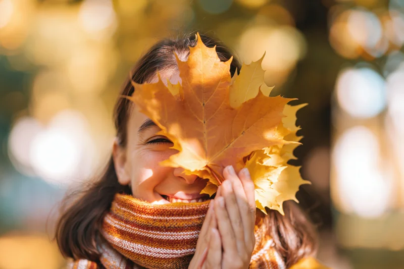 Young woman smiling with maple leaf covering her face in autumn park