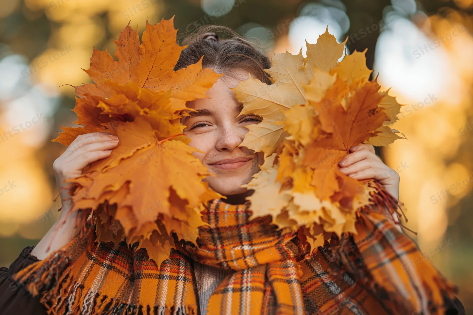 Woman smiling with maple leaves held in front of her face, wearing a plaid scarf outdoors in autumn