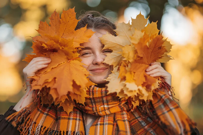 Woman smiling with maple leaves held in front of her face, wearing a plaid scarf outdoors in autumn