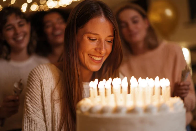 Young woman smiling at birthday cake with lit candles during indoor celebration with friends