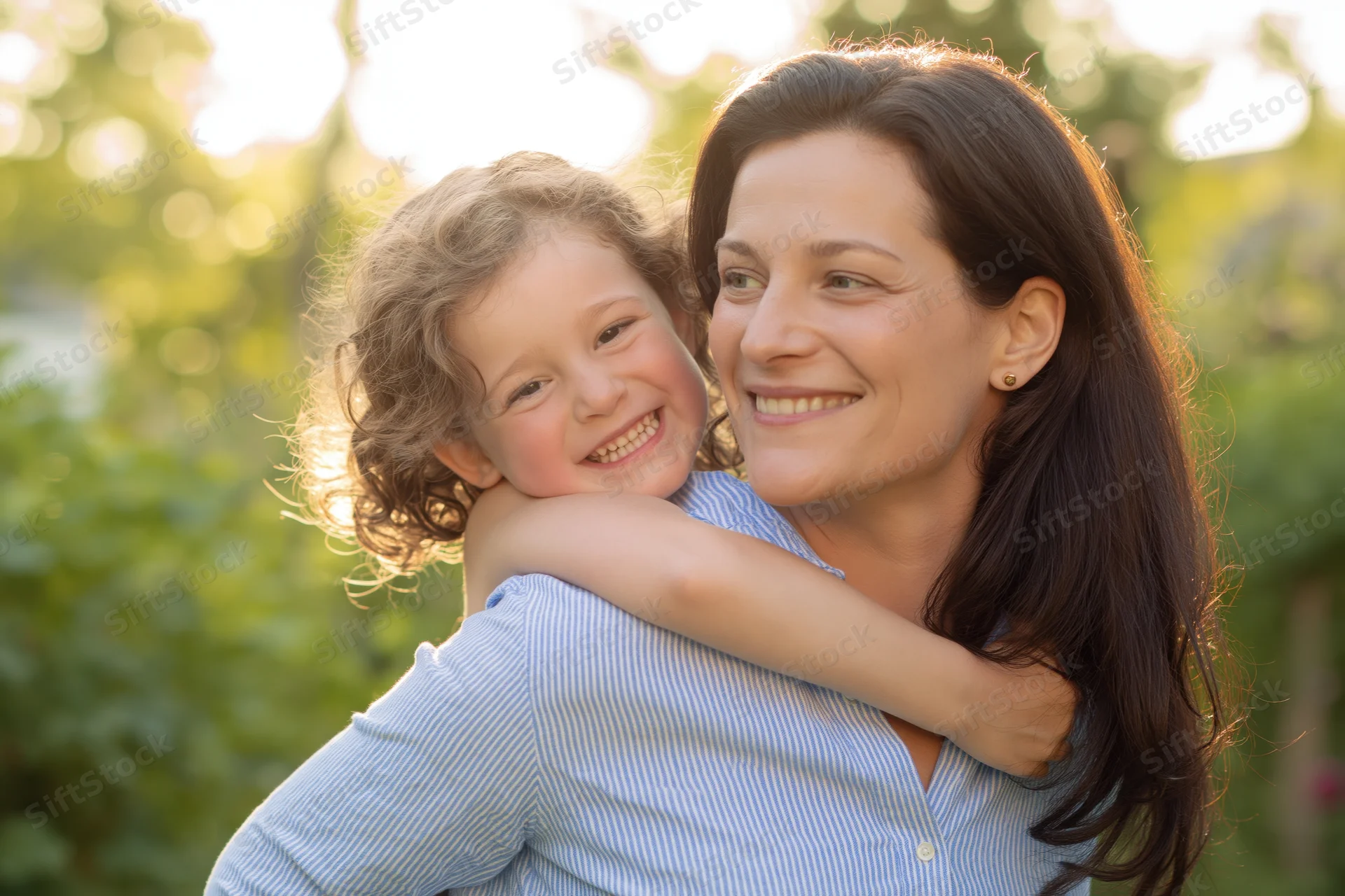 Woman holding child in a garden hug during golden hour