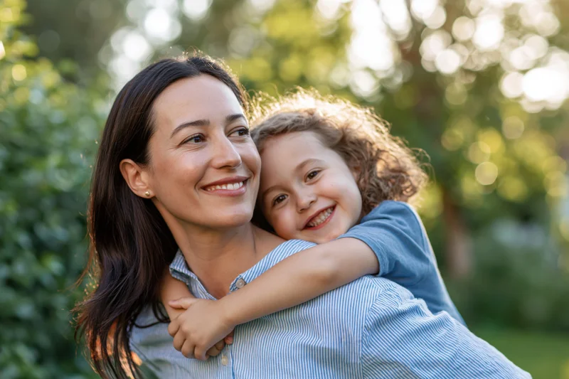 Woman carrying child on her back in a sunlit garden, both smiling and embracing