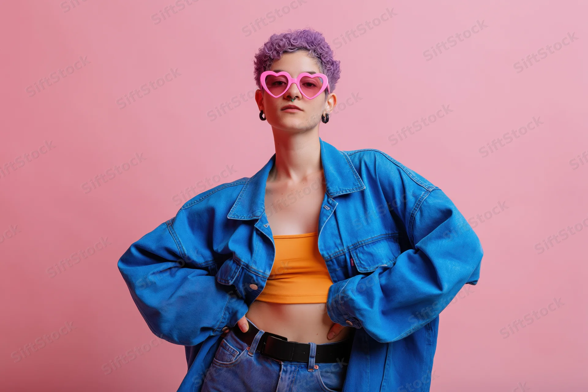 Woman with short curly purple hair and pink heart-shaped sunglasses posing in denim jacket and orange crop top against pink background