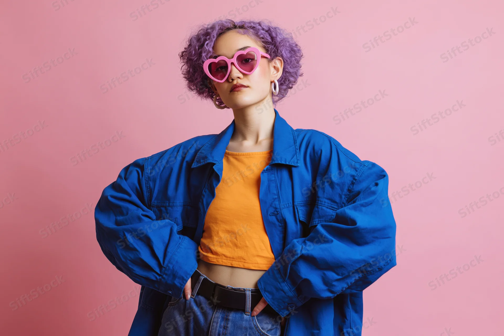 Young woman with short curly purple hair and pink heart-shaped sunglasses posing confidently in a blue jacket and orange crop top against a pink background