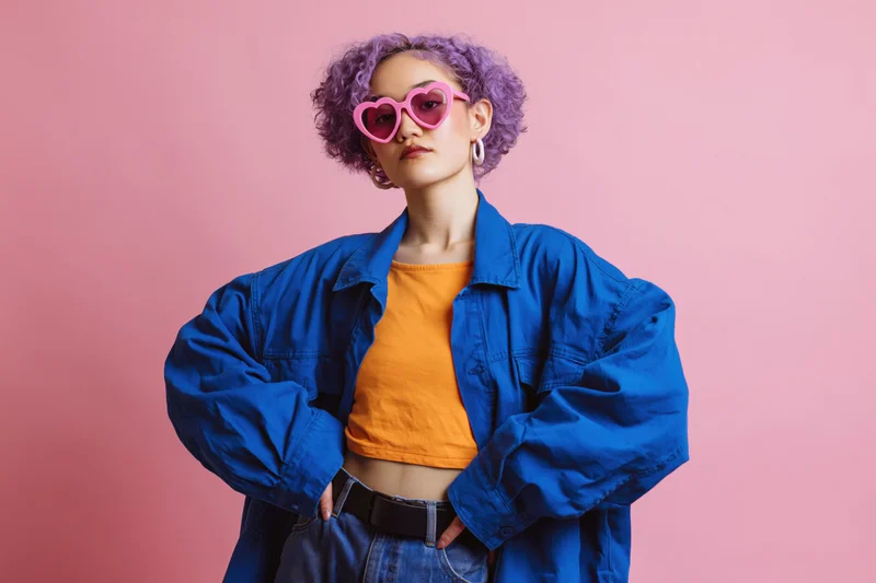 Young woman with short curly purple hair and pink heart-shaped sunglasses posing confidently in a blue jacket and orange crop top against a pink background