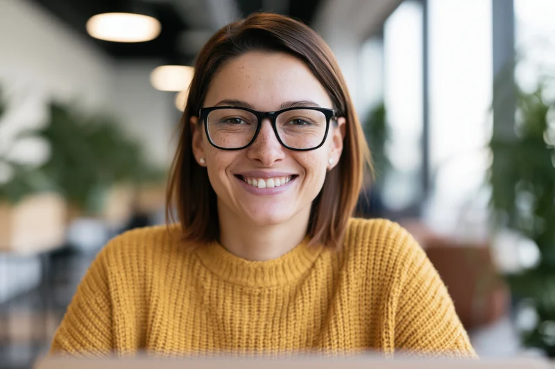 Woman smiling warmly in a modern office wearing glasses and a yellow knit sweater