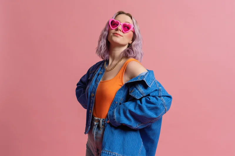 Young woman with lavender hair wearing heart-shaped pink sunglasses and denim jacket posing against pink background
