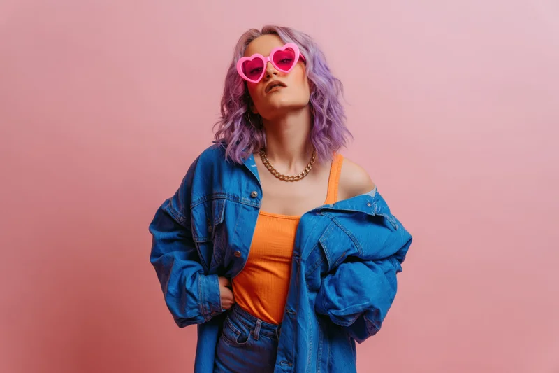 Young woman with lavender hair wearing heart-shaped sunglasses and denim jacket posing in studio