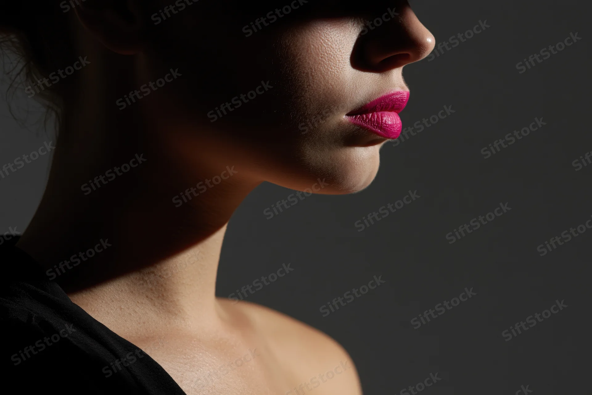 Woman in profile with pink lipstick under dramatic shadow in studio setting