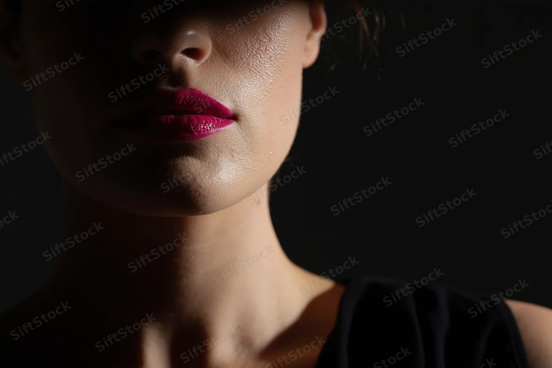 Closeup of a woman's lips and lower face in dramatic shadow with red lipstick, studio lighting