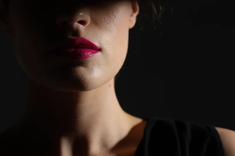 Closeup of a woman's lips and lower face in dramatic shadow with red lipstick, studio lighting