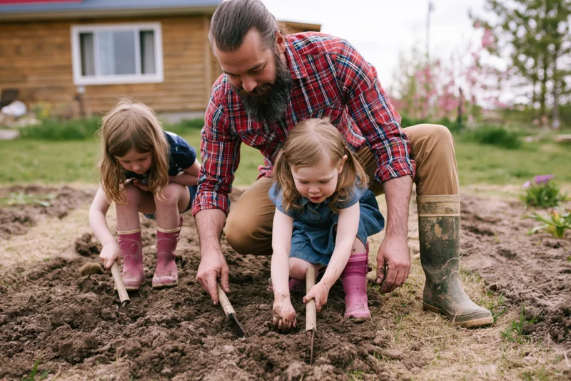 Father and two young daughters digging in soil with trowels in a garden yard