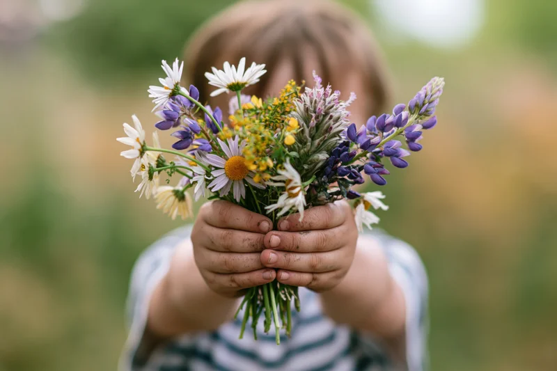 Child holding wildflower bouquet toward camera in outdoor setting