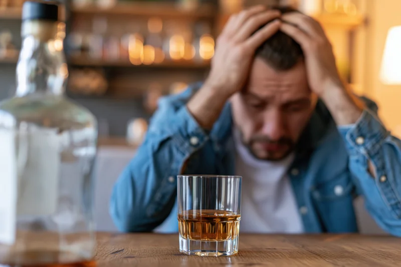 Distressed man holding head with hands, sitting at wooden table with whiskey glass and bottle in front of him, indoors