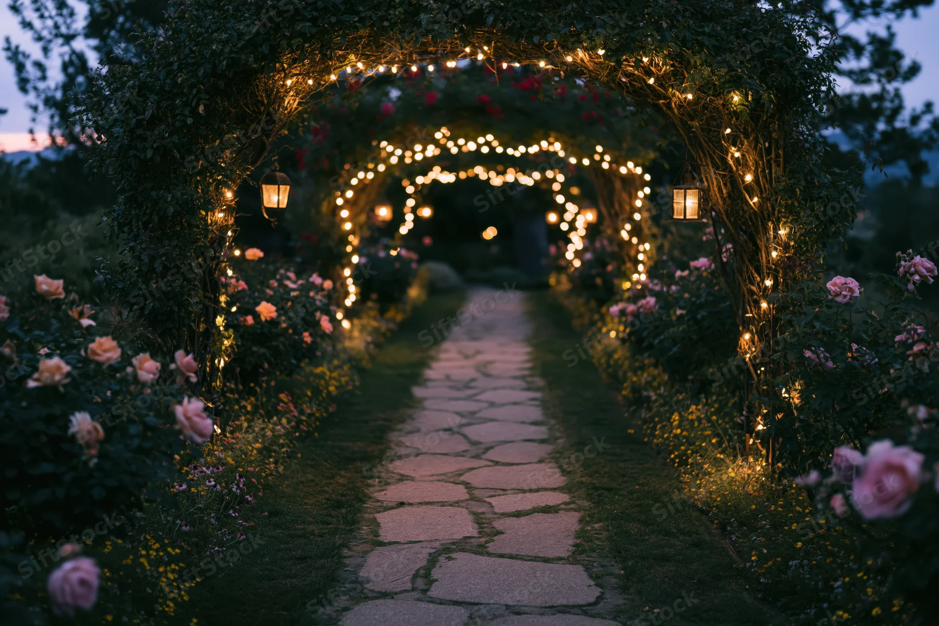 Stone path through a vine-covered arch with fairy lights and roses at dusk