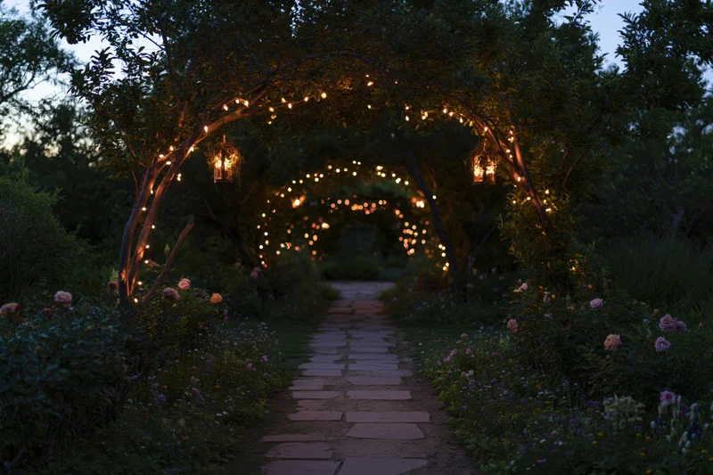 Stone path through a garden arch with string lights and lanterns at dusk