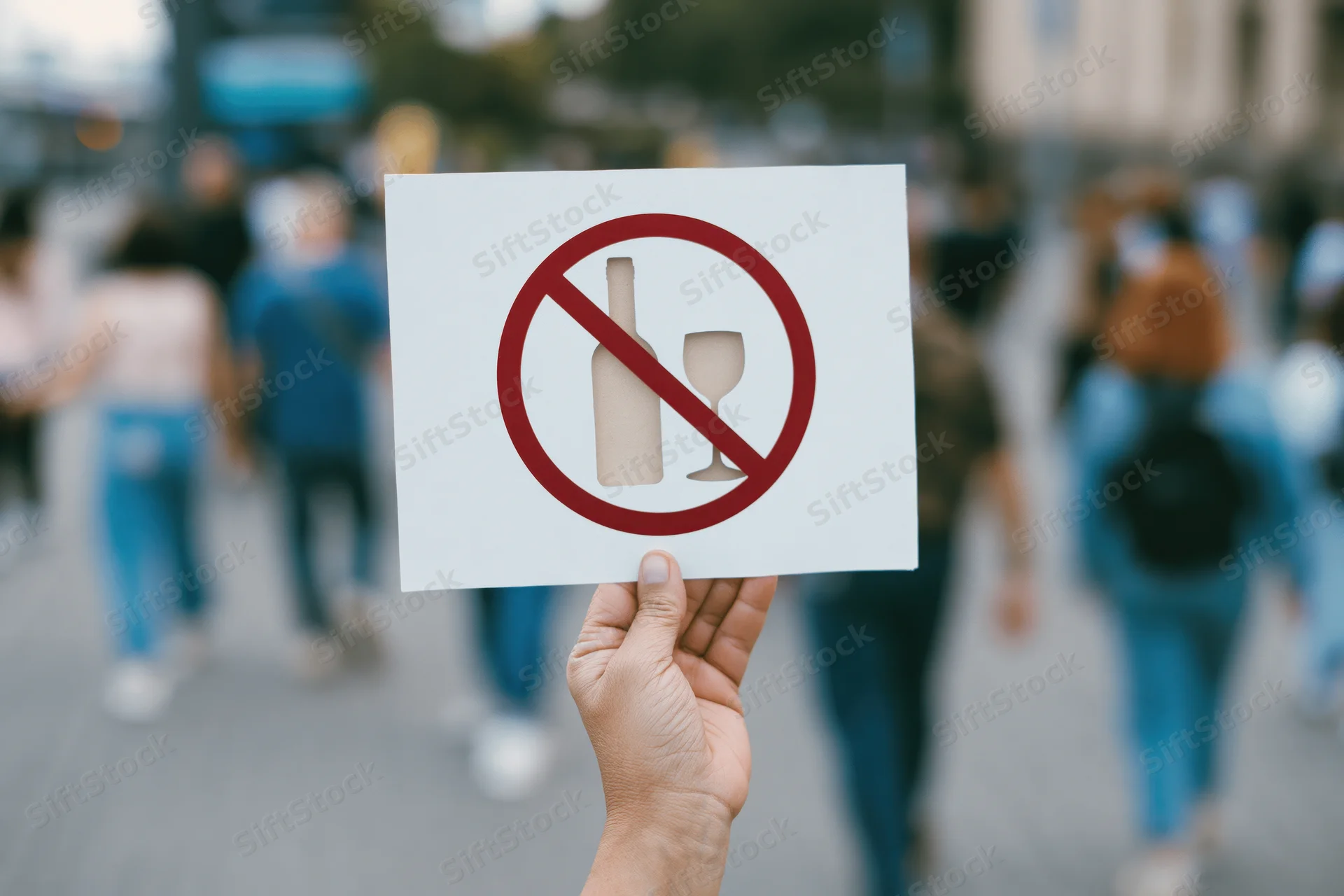 Hand holding no-alcohol sign in public protest setting