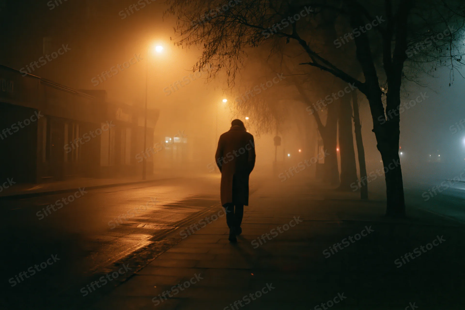 Man in long coat walking away down foggy city street at night