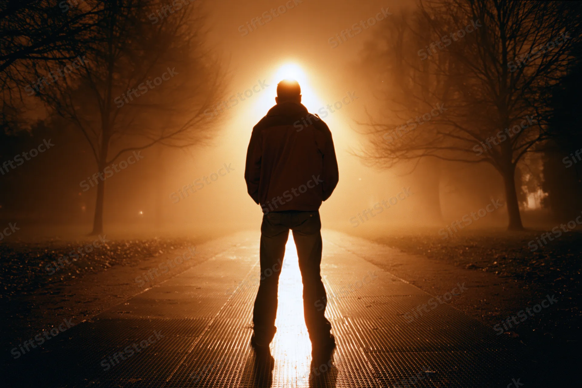Man standing alone on a wet metal grate path at night facing a glowing light through fog