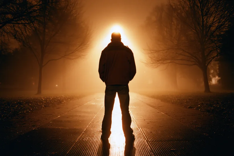 Man standing alone on a wet metal grate path at night facing a glowing light through fog