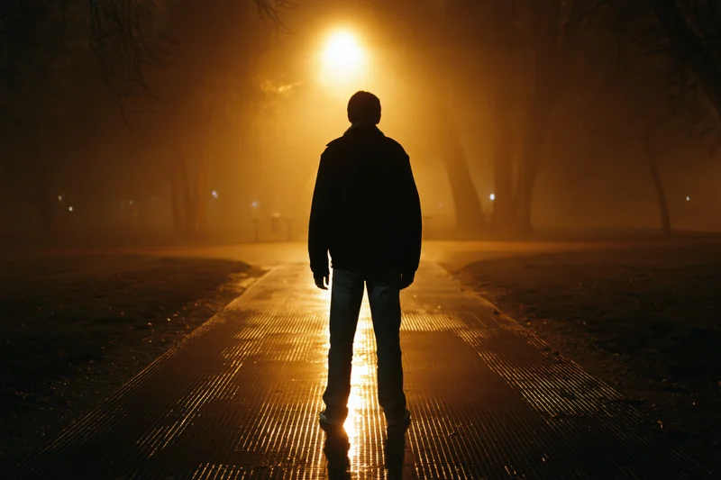 Silhouette of a man standing on a wet metal grate path at night in a foggy park