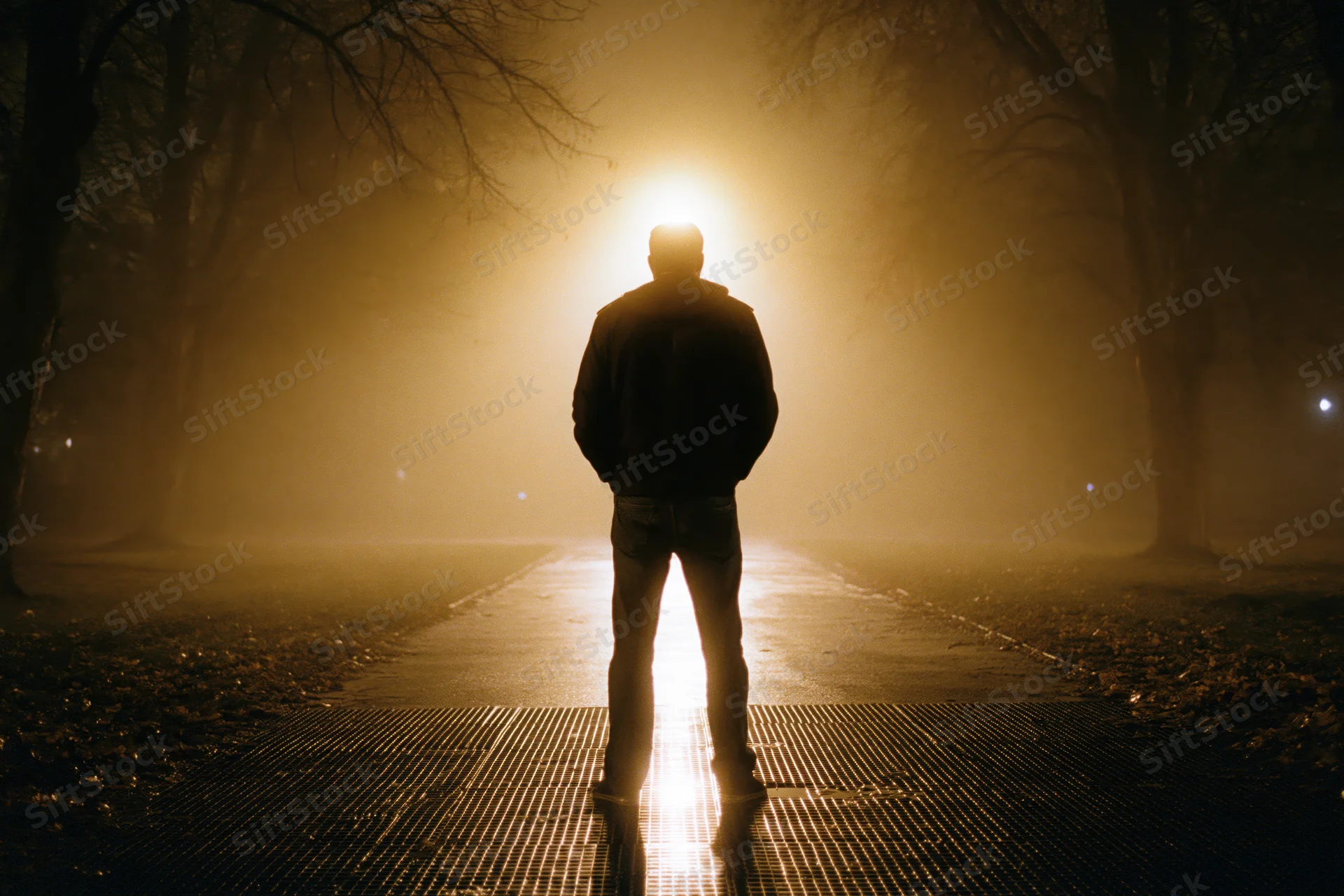 Man standing on wet metal grate path at night facing a glowing streetlight in foggy park