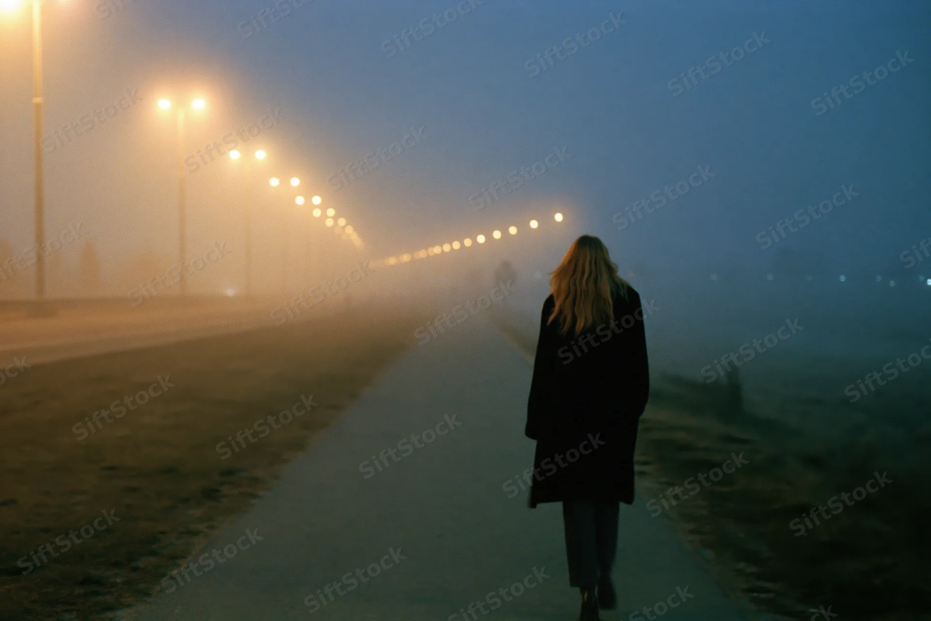 Woman walking alone on a foggy path at night under streetlights