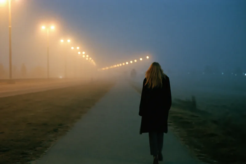 Woman walking alone on a foggy path at night under streetlights