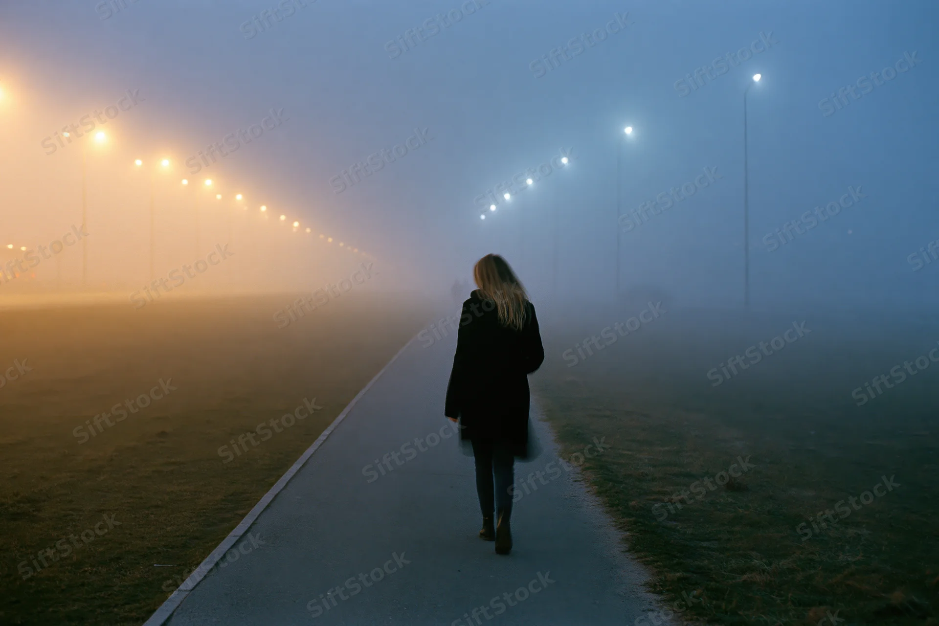 Woman walking away on a foggy path lined with streetlights