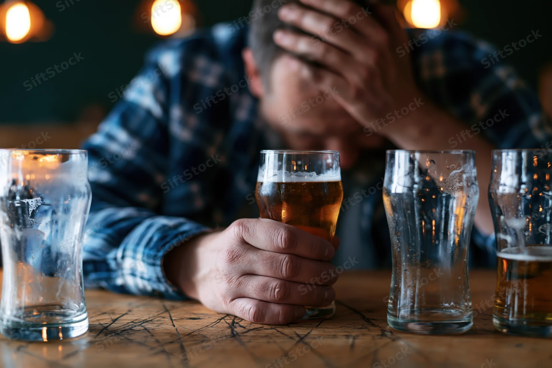 Man slumped at wooden bar table holding beer glass with hand on head, surrounded by empty and half-full glasses under dim warm lighting