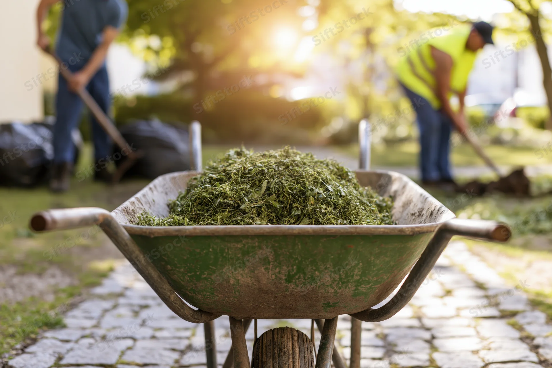 Metal wheelbarrow filled with green garden clippings on cobblestone path with workers raking in background