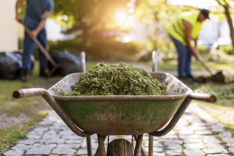 Metal wheelbarrow filled with green garden clippings on cobblestone path with workers raking in background