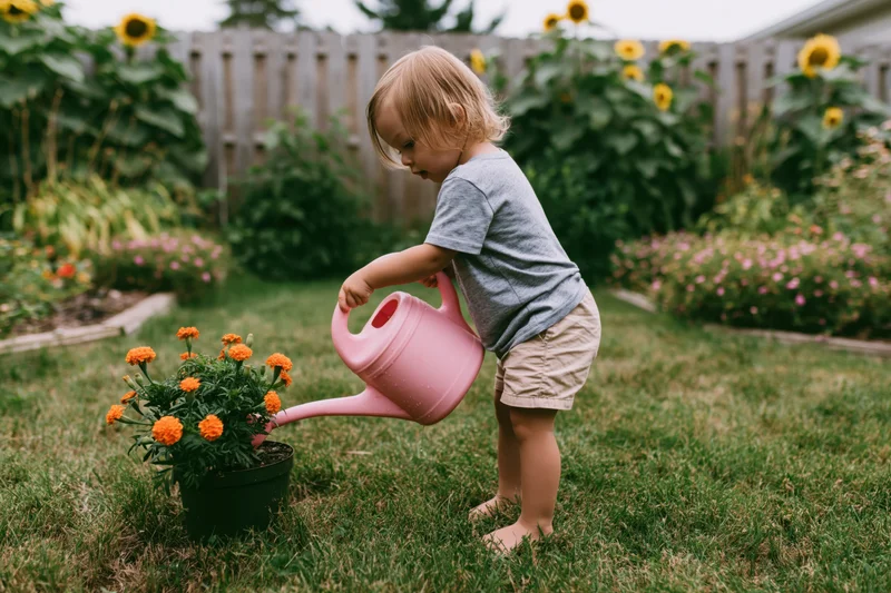 Toddler watering orange marigolds in a garden pot outdoors
