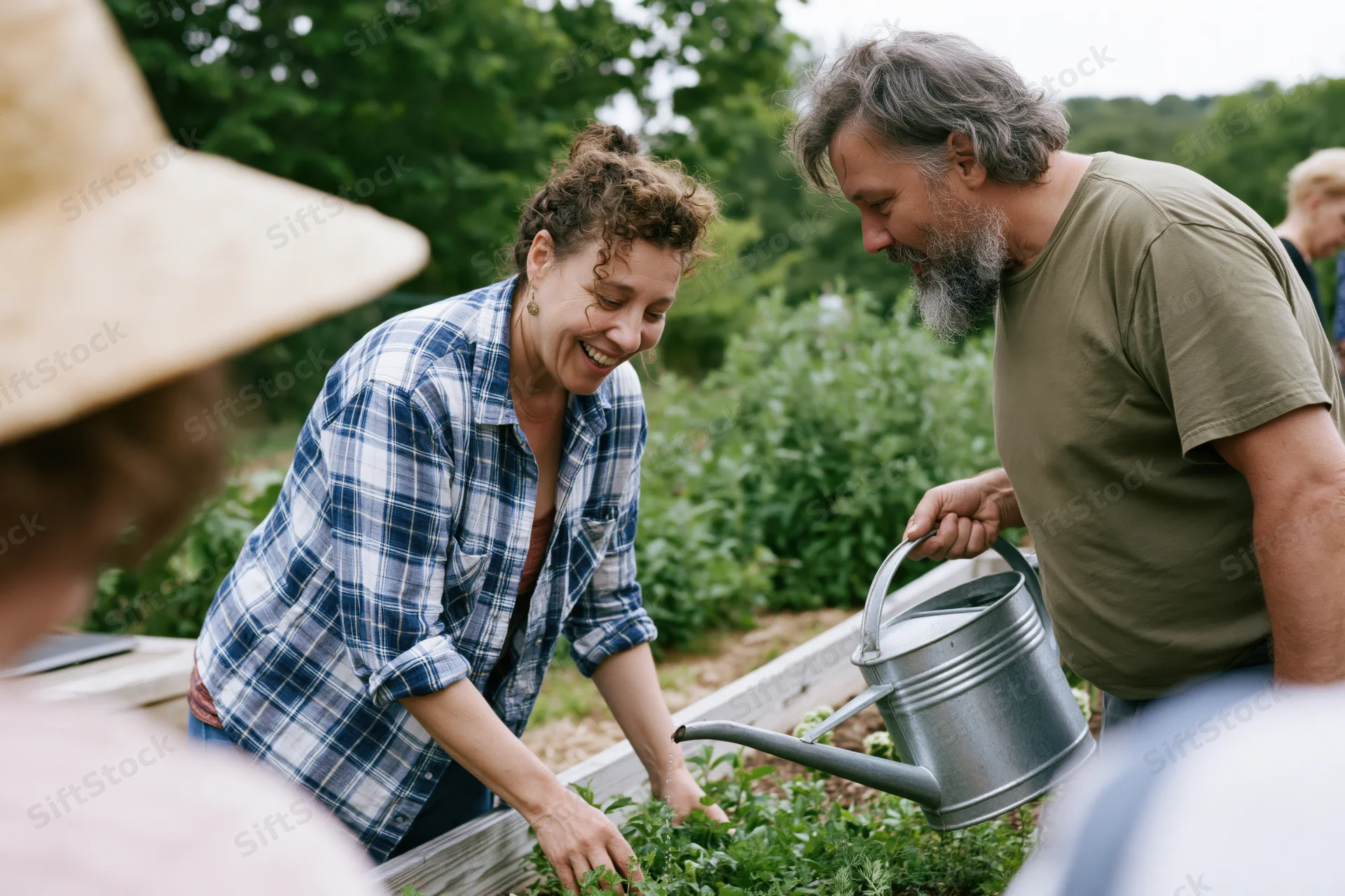 Woman and man tending plants in a raised garden bed outdoors